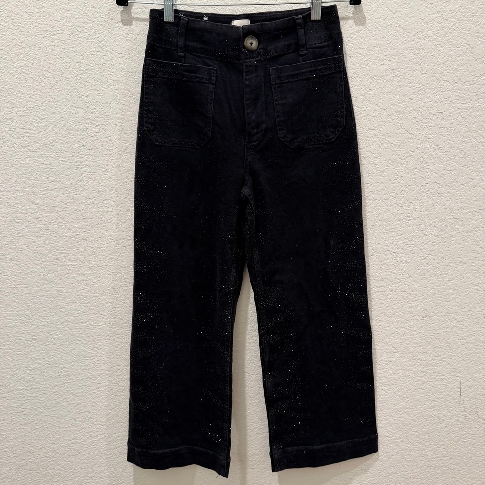 Maeve Anthropologie The Colette Black Rhinestone Embellished Wide Leg Pants 26